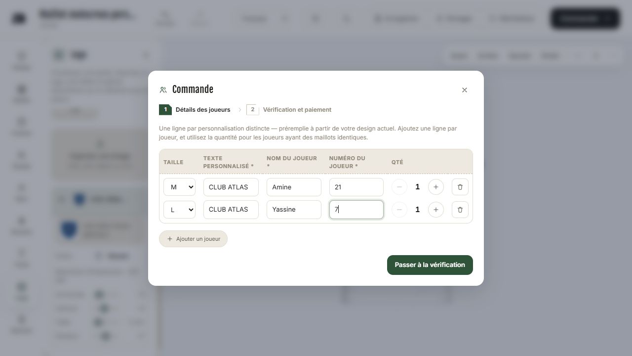 Joueurs fictifs avec noms numéros tailles et quantités