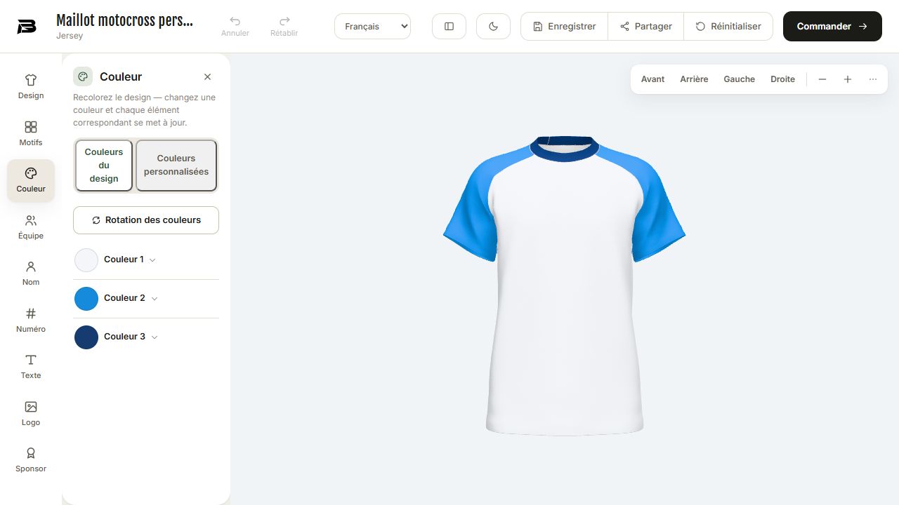 Onglet Couleurs du design et palette du maillot