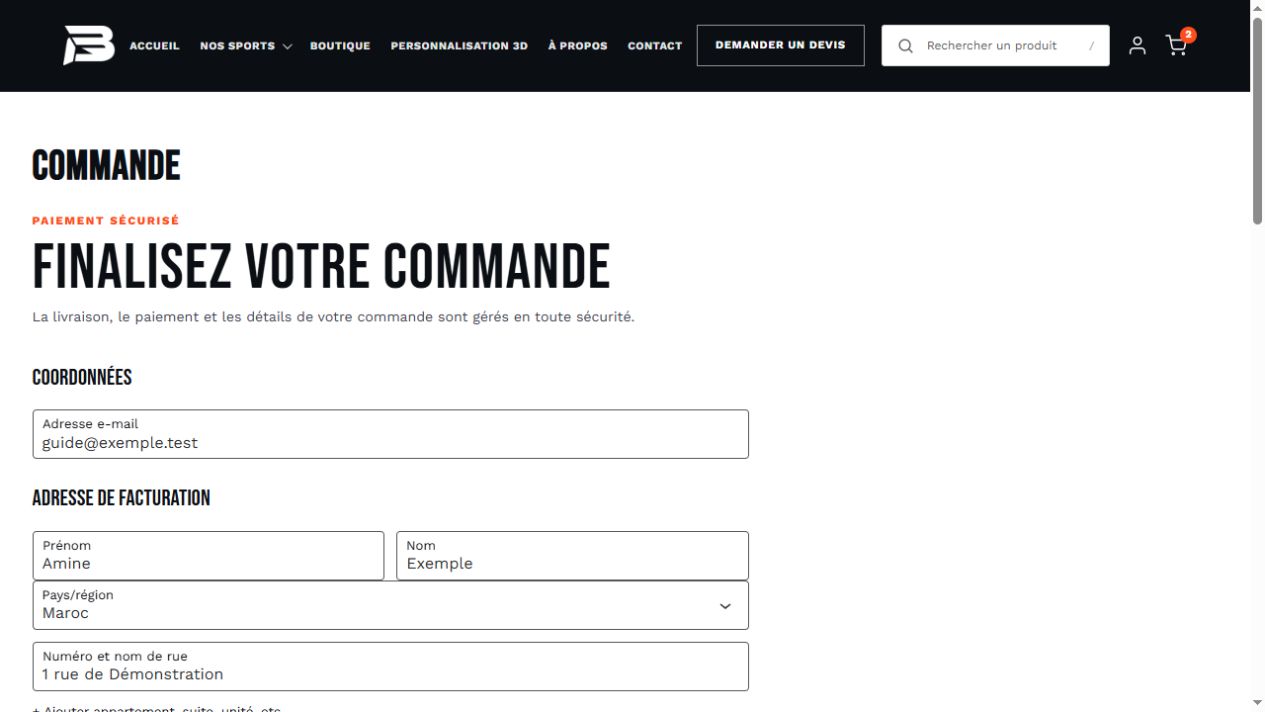 Formulaire Blaydsport de coordonnées et commande