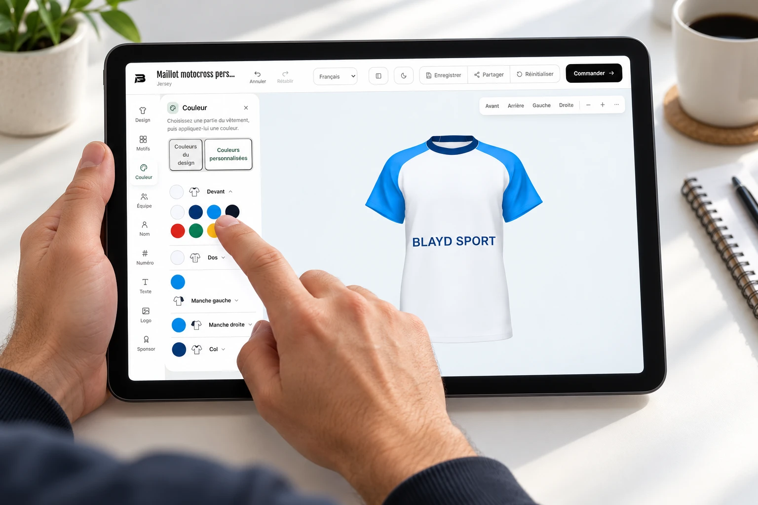 Un client personnalise les couleurs de son T-shirt 3D BlaydSport sur une tablette